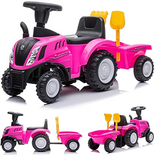 Kinder Rutschauto Rutschfahrzeug New Holland Traktor mit Anhänger Rutscherfahrzeug Kinderauto Kinderfahrzeug Laufhilfe mit Hupe Kunststoff (Rosa)
