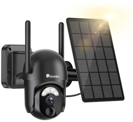 ctronics 2K 3MP Security Camera Überwachungskamera Aussen Solar, Kabellos Überwachungskamera WLAN Akku, 355°/95° Schwenkbar PTZ, PIR Personenerkennung, IP66