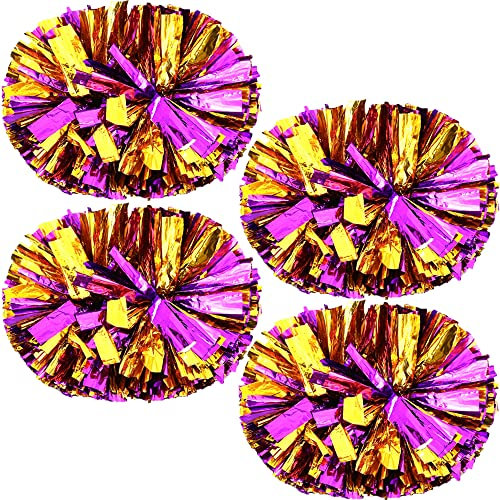 PUZINE Cheerleading-Pompons, metallische Cheerleading-Pompons mit Trainingsstab-Griff für Team Sport Spirit Squad Bulk Cheerleader (lila und gold), 4 Stück