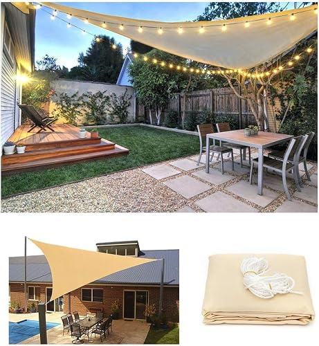 AdeptT Sonnensegel, dreieckig, wasserdicht, mit LED-Lichtern, Sonnenschutz, UV-Schutz, für Terrasse, Garten, Terrasse, Strand, Pool, Beige, 4 x 4 x 4 m