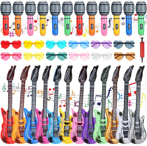 Chitidr 36 Pcs Inflatable Rock Star Toy Set Include 12 Inflatable Guitars 12 Microphones 12 Colorful Heart Shaped Sunglasses and 1 Inflator for Musical Concert Themed Party Decoration