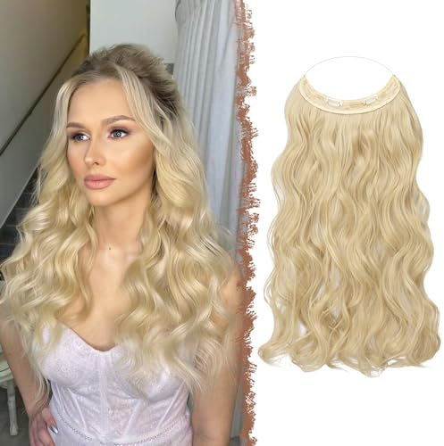 FESHFEN Invisible Hair Extensions Secrets Haarverlängerungen mit Draht Ash Blond Synthetisch Verstellbar Lockiges Haar Langes Gewelltes Geheimes Haarteil für Frauen 50cm