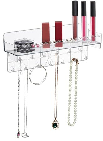 Relaxdays Portagioie da Parete, per Collane, Orecchini e Bracciali, Mensola Portatrucchi, 12 x 30 x 8 cm, Trasparente