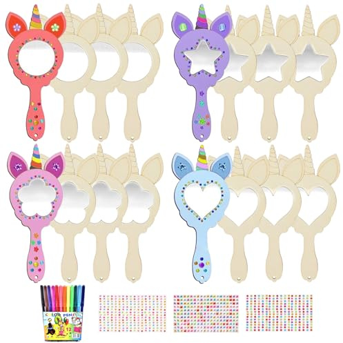 Einhorn Holzspiegel Basteln, Einhörner Bastelset Holzspiegel zum Bemalen | Unicorns Holz Spiegel zum Bemalen, Kinder Handwerk, Holzspiegel Basteln Mädchen Geschenk, Mitgebsel, Kindergeburtstag