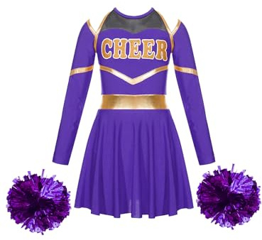 MSemis Mädchen Cheer Leader Kleid Cheerleading Kostüm Äremllos/Langarm Tanzkleid Kinder Karneval Fasching Kostüm Gr.110-164 Violett E 122-128