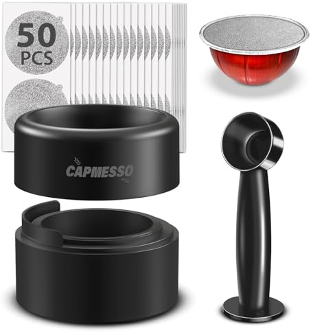 CAPMESSO Reusable Vertuoline Pod Refill Kit, 2024 Innovative for Faster Seal, 52pcs Aluminum Lids (50 Lids + 1 Holder + 1 Scoop) for Vertuoline Pods, Black, 52 Count, Compatible with Coffee Maker | Complete Refill Kit for All Vertuo Pods Includes 50 Aluminum Foil Lids with Holder and Scoop for Easy Mess-Free Refilling
