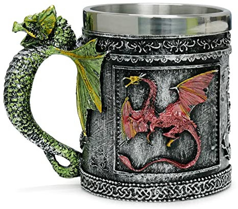 LAUGOKOBE Medieval Roaring Dragon Mug, 15 oz Dungeons and Dragons Beer Stein Tankard Drink Cup, Stainless Coffee Mug for GOT Dragon Lovers Collector Ideal Novelty Gothic Gift Party Decoration
