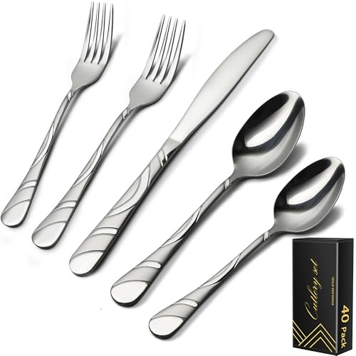 IFERRENS 40-Piece Silverware Set for 8, 18/0 Frosted & Mirror Finish Stainless Steel Vintage Flatware Set, Modern Cutlery Set for Home Wedding Restaurant Housewarming Party Event Serving For 8