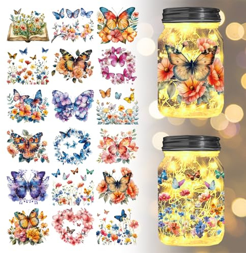 GLOBLELAND 18 Sheets Butterfly Transfer Stickers 3.9 x 3.6 Inch Butterfly and Flowers Stickers Butterfly Wreath Rub On Transfer for Furniture Vase Glass Decorations Crafts