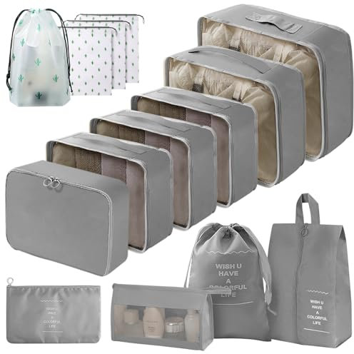 Gemtte Koffer Organizer Set, 14 Stück Wasserdicht Packing Cubes, Multifunktionale Travel Packwürfel, Kofferorganizer Packtaschen für Koffer, Reise Organizer Set Mit Kleidertaschen (Grau)