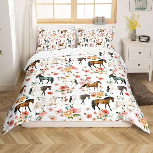 Homemissing Horse Duvet Cover Set Single Size For Kids Girls Boys Teens Galloping Horse Bedding Set Cute Animal Decor Bedding Comforter Cover Set Floral Flower White Quilt Cover with 1 Pillowcase