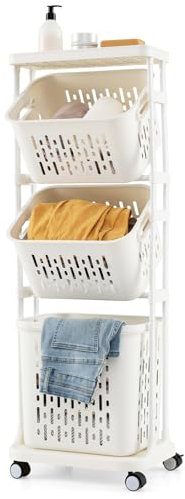COSTWAY 3-Tier Laundry Basket on Wheels, Rolling Laundry Sorter Cart with 2 Small Tilted Baskets and 1 Large Basket, Slim Laundry Hamper Washing Bin Dirty Clothes Trolley Organizer, 40x30x112cm, White