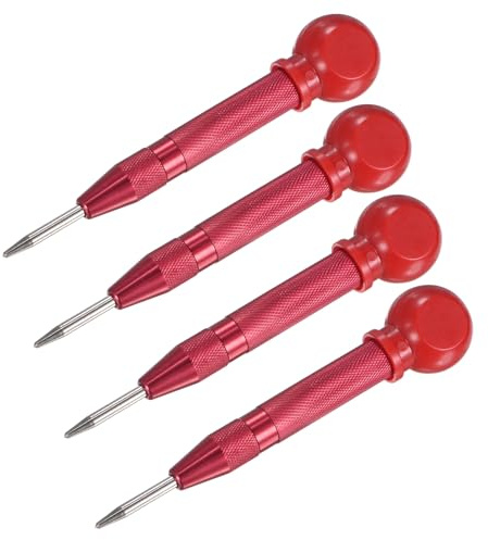 M METERXITY 4-Pack Automatic Center Punch, 133mm HSS Spring Loaded Nail Punch with Palm Cushion Cap for Steel Plate/Wooden Board/Glass, Adjustable Impact Punch Window Breaker Tool [Red]