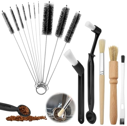 ZMDMAH 15 Stück Kaffee Pinsel Kaffee Reinigungsbürste, Espressomaschinen Reinigungspinsel Holz Griff Kaffeepinsel und Kleine Strohhalm Bürste für Bohnen, Getreide