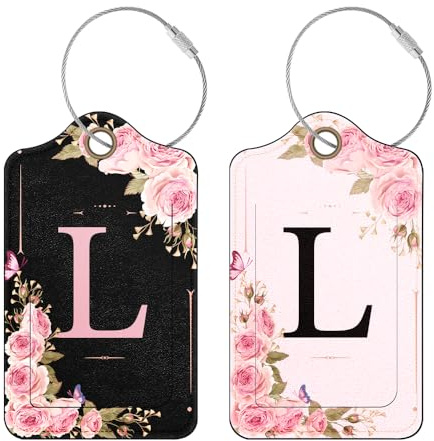2 Pack Personalized Initial Luggage Tag for Suitcases, PU Leather Suitcase Tags, Travel Bag Luggage Labels for Women Girls (L)