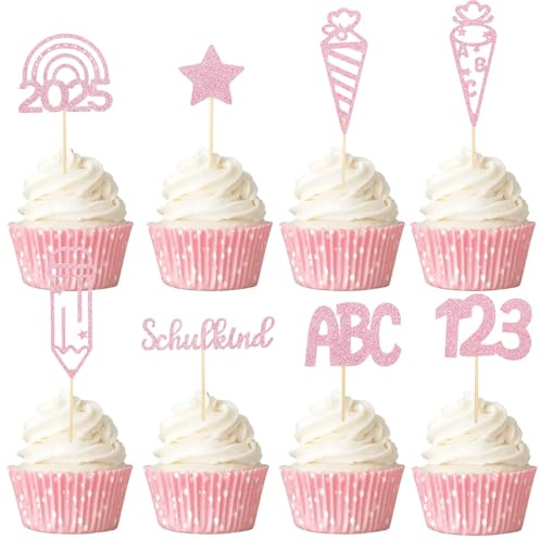 Gleevio Cupcake Topper Schulkind 2026 Mädchen,24 Stk Tortendeko Einschulung Deko Torten Rosa,Schulkind Muffin Deko,Schulanfang Kuchen Deko Einschulung mit ABC 123 Zuckertüte für Schuleinführung