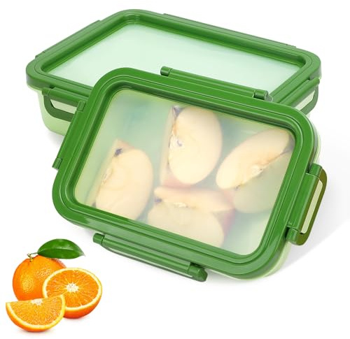 Set di 2 contenitori in silicone con coperchio elasticizzato, riutilizzabili, quadrati, con chiusura a scatto, per conservare cipolle, limoni, aglio, mele, bistecca, maiale (verde)