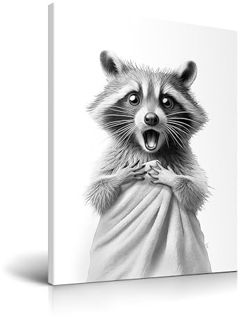 HesenDot Waschbär Handtuch Badezimmer Wandbild mit Rahmen, 30x40cm | Lustiges Tierkunst Leinwandbild, Schwarz-Weiß Humorvolle Wanddeko für Bad Kinderzimmer Gäste-WC