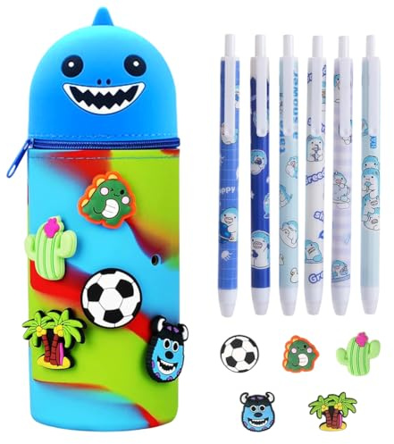 CLKDPNO Cartoon Shark Pencil Case, Cute Stationery Set Neutral Pen, Soft Silicone Cute Extendable Silicone Standing Pencil Case, Zipper Telescopic Pencil Cases for Kids Students