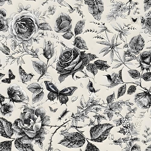 Papel Pintado Autoadhesivo Blanco y Negro Flores,44 x 1000cm Papel Pintado Flor de Rosa Negro Mariposas Pajaros Plantas Vinilos Adhesivo para Muebles,Armarios,Libreria,Sala de Estar, Dormitorio,Cocina