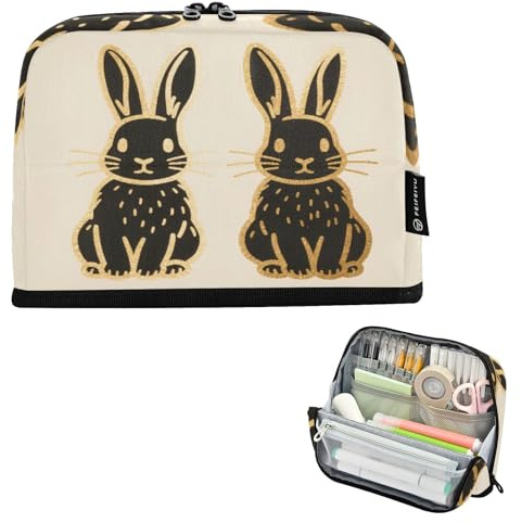 Nexawaveo Federmäppchen mit großem Fassungsvermögen, 21,1 x 15 cm, schwarzes Häschen, Duo, Beige, Stifteetui für Schule, Büro, Reisen