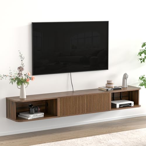 Skokliz Floating TV Stand for TVs up to 80'', Modern TV Cabinet with 2 Doors and 2 Open Shelves, Wall-Mounted TV Unit for Living Room, Farmhouse Entertainment Center, Walnut
