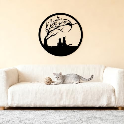 PAEFIU 30cm Baum des Lebens Metall Wanddekoration, Katzen-Wandkunst Eisen, Schwarzer Katzen Wandbehang Silhouette Wanddeko, Ein Katzenpaar unter dem Mond, für Schlafzimmer, Wohnzimmer, Küche, Hotel