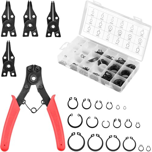 304 Stück 4-in-1 Sprengringzangen Set Rutschfester GriffSicherungsringzange Set mit 260-teiligem Sprengring Set 2 mm bis 32 mm Seegerring Sortiment