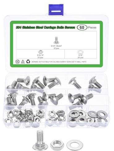 QUARKZMAN 20 Jeu De Boulons à Tête Ronde Et Écrous 5/16-18x3/4 Argent | Boulons à Tête Ronde à Collet Carré Et Écrous Hexagonaux Et Rondelles Plates, Acier Inoxydable 304