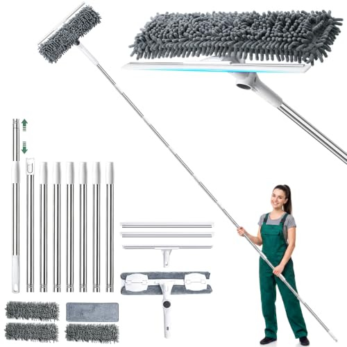 4m Telescopic Window Cleaner Kit with Squeegee,180° Swivel for High Windows | 2-in-1 (13Ft) Window Cleaning Equipment with 1 Microfiber Cloth, 3 Chenille Mop Pads and 2 Squeegees for Shower Glass, RV