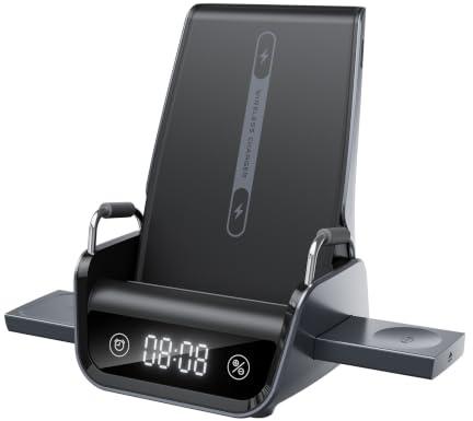 Telefonöronsnäckor klocka kraftstation, 15 W skrivbordsstativ med digital klocka, sido-kraftkuddar och kompakt svart kroppsdesign för nattduksbord, laddningsstation, nattduksbord, laddningsstation