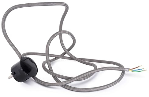 Textilkabel Zuleitung mit Schuko-Stecker (Winkelstecker aus Duroplast: Bakelit Optik), Leitung H03VV-F 3x0.75mm² 3-adrig, Grau, 1.8 Meter