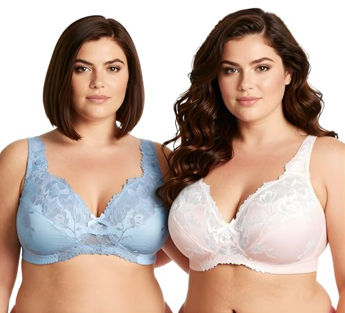 Curve Muse Sujetadores de Cobertura Completa de Encaje inalámbrico sin Forro para Mujer Talla Grande minimizador-Paquete de 2-Azul Claro,Cornejo Rosa-90C-(EU:75C)