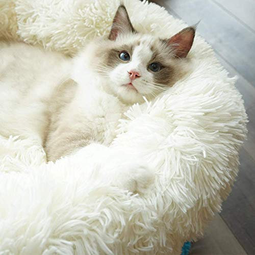 CENY Warmes, beruhigendes Hundebett, rundes Welpennest, Kuschelkissen aus Kunstfell, waschbar, für Katzen und Hunde, Größe L, 70 cm, Weiß