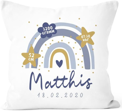 SpecialMe® personalisierbarer Kissen-Bezug zur Geburt Geburtskissen Regenbogen Herzen Geschenk Geburt Baby Weiss 40cm x 40cm