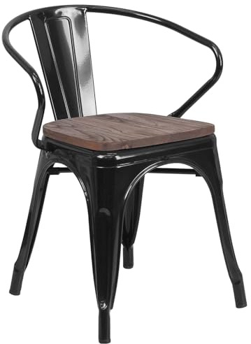 BOWERY HILL Metal Dining Arm Chair, Black Powder Coat Finish, Textured Wood Seat, Lightweight Stackable Bistro Chair, Rustic Contemporary Style for Indoor Dining Room
