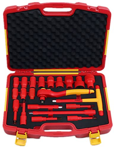 WEDO Jeu de douilles VDE,21 pièces,Coffret de Douilles Embouts et Clés à Cliquet 1/2-inch,Dégagement Rapide,72 tooth ratchet,2 Rallonge,17 Embouts,1 Clé à douille poignée en T isolée,certifiées GS