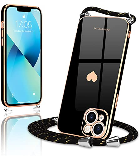 Wirvyuer - Carcasa con cordón para iPhone 13, Ultra Fina, Silicona Flexible, diseño de corazón con Cadena y Collar Ajustable, teléfono móvil, Correa para iPhone 13, Color Negro