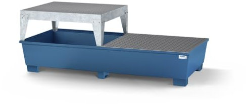 Denios Auffangwanne aus Stahl | verzinkter Gitterrost | mit Abfüllbock | blau-silber | BxHxT 2200 x 1050 x 1300 mm | Volumen 1000 Liter | 2 Fässer | Arbeitssicherheit Notfall-Umweltschutz-Produkte