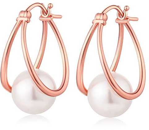 JiaYang Damen Perle Reif-Ohrringe Sterling Silber 925 mit 18K Rose Vergoldet Perlenohrring Hängend Ohrhänger
