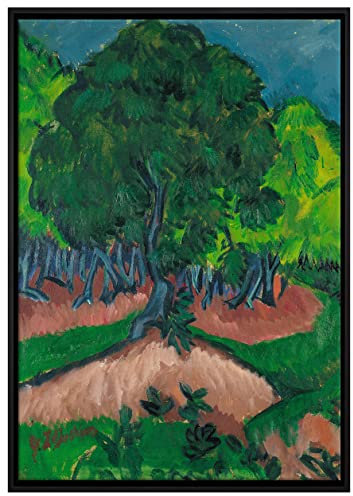 Pixxprint Ernst Ludwig Kirchner - Landschaft mit Maronenbaum Leinwandbild 100x70 cm im Bilderahmen, Wandbild, Schattenfugenrahmen, Kein Poster