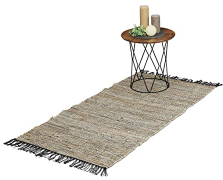 Relaxdays Flickenteppich, 70 x 140 cm, Baumwolle & Leder, Teppichläufer mit Fransen, rutschfest, Fleckerlteppich, grau