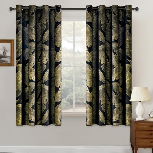 MIULEE Samtvorhänge mit Goldfolien-Blättermuster, 2 schwarze Samtvorhänge mit Ösen, je 140 x 175 cm, Raumverdunkelungsvorhänge für klassisches Wohnzimmer, Schlafzimmer