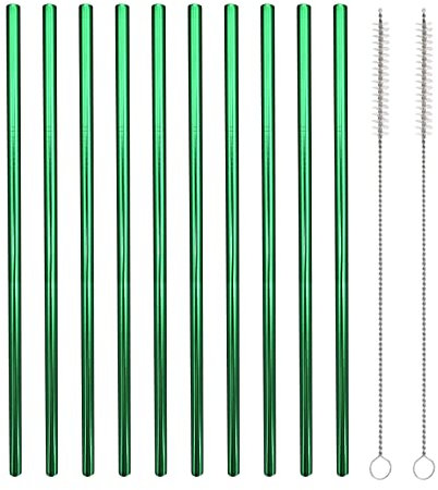 Set di 10 cannucce in acciaio inox, riutilizzabili, dritte in metallo, con 2 spazzole per la pulizia (26 cm, verde)