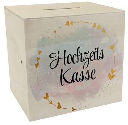 Hochzeit Spardose aus Holz mit dekorativem Design und goldenen Herzen - Hochzeitskasse als Geschenkidee zur Verlobung um das geschenkte Geld der Hochzeit zu sammeln und für die