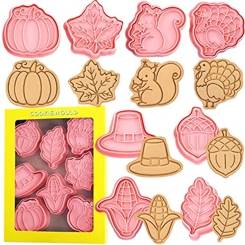 Crethinkaty Ausstechformen und Stempel, Kunststoff, Thanksgiving, 8 Stück, Kürbis, Truthahn, Ahornblatt, Eichenblatt, Eichhörnchen, Mais, Eichel, Eichel, Hut