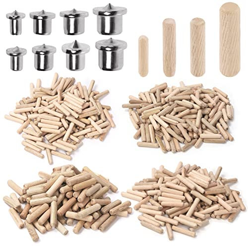 Swpeet 505Pcs 4 Sizes 1/4 5/16 3/8 1/2 Wooden Dowel Pins Straight Grooved Pins with Center Point Cylinder Wood Dowels Assortment Kit, Dowel and Tenon Center Transfer Plugs Point for Furniture