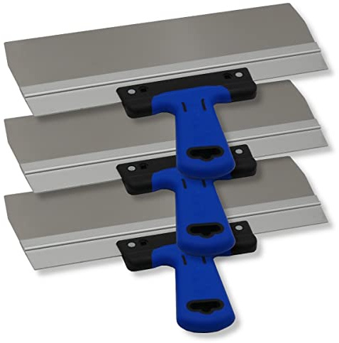 DEWEPRO 3er Set Breitspachtel 350 x 95 mm aus Edelstahl – Flächenspachtel mit 0,4 mm Blattstärke – ergonomischer 2K Softgriff – Glättspachtel für Trockenbau, Innenausbau und Renovierung