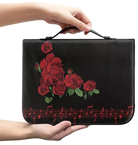 SEANATIVE Rote Rose Blume Bibelhülle Buchhülle für Frauen Musiknoten Druck PU Bibel Tragetasche Kirche Schutztasche mit Reißverschluss