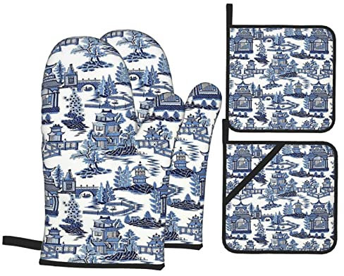 Oven Gloves Blue Willow Ancient Ming China Chinoiserie Funny Oven Glove Pot Holder Waterproof Oven Mitts And Pot Holders For Christmas Grilling Baking